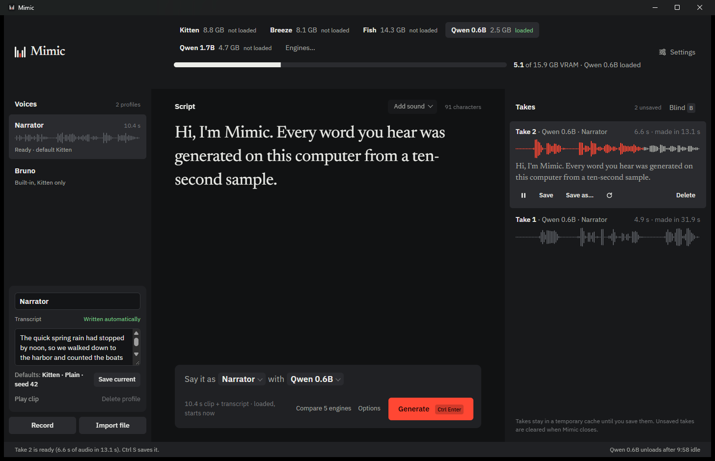 Mimic's dark theme with the Narrator voice selected